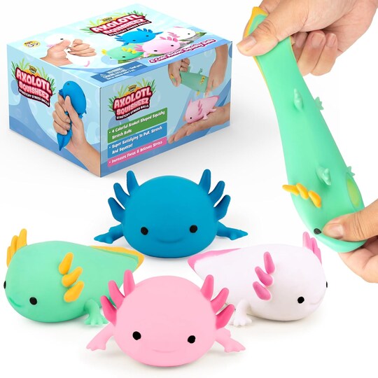 Squisheez Axolotl 4-Pack | Mini Kawaii Squishy Animal Toys for Kids & Adults | Stress Relief Fidget Toys | Cute Pink, White, Green & Blue Collectibles